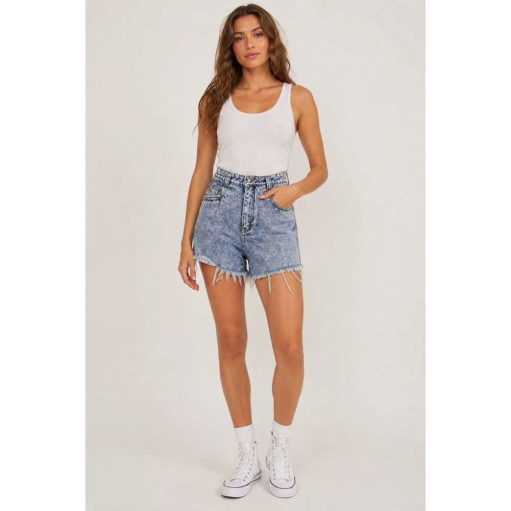 Vintage London London Acid Wash Denim Shorts High Waisted Cut Off Blue Sz 11/12